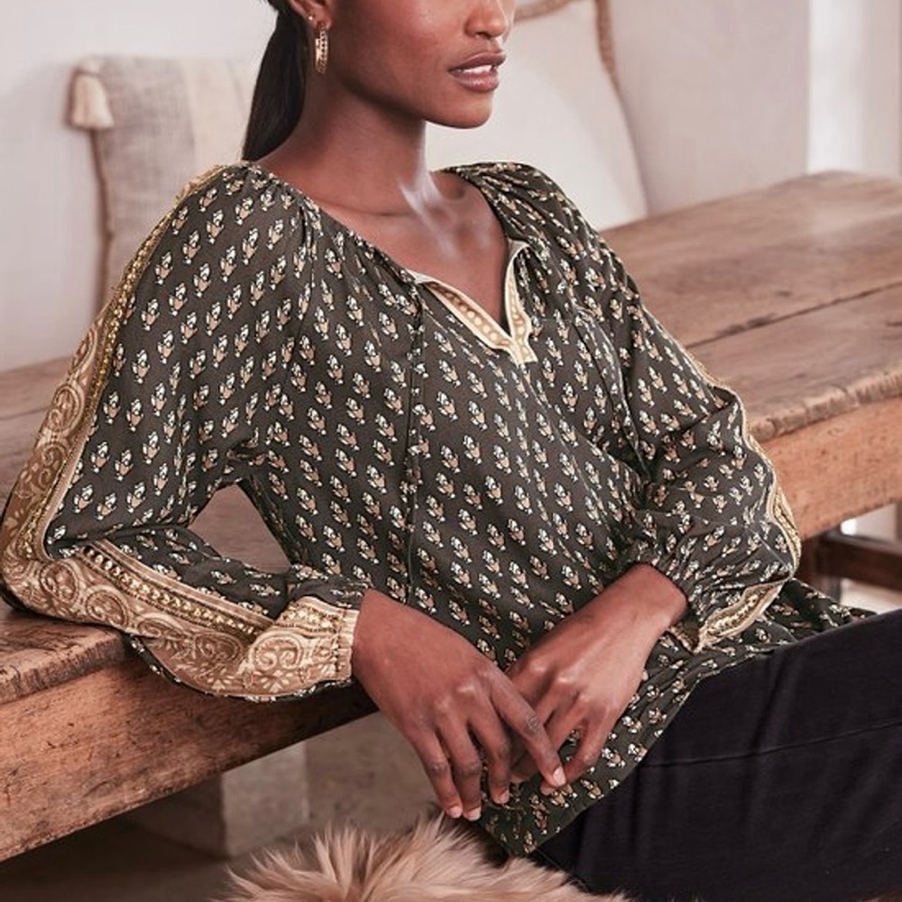 Soft Surroundings Jolene Blouse Top Beaded Embellished Gold Black Pattern Large